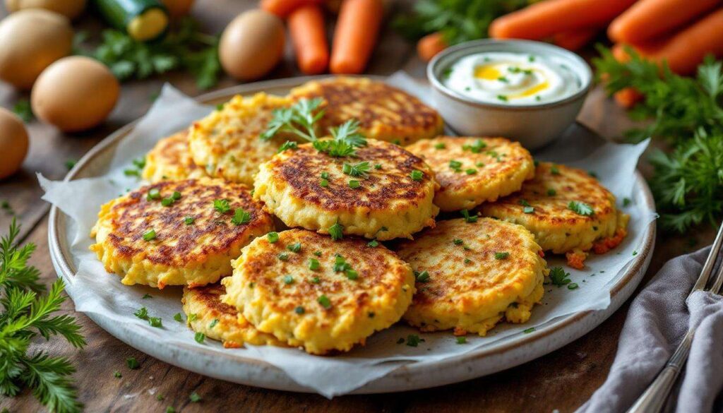 Knusprige Gemüsepuffer mit Kräuterquark: Neues vegetarisches Rezept