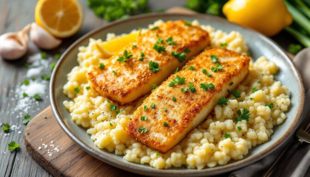 Rezept: Skrei in Knoblauchkruste mit Frühlingszwiebeln und Kartoffel-Risotto