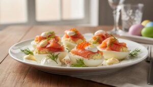 Gefüllte Eier für den Osterbrunch, mit Räucherlachs und Dill wie im Hamburger Feinschmeckerlokal