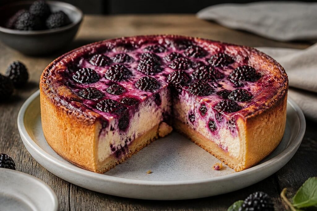 Brombeer-Joghurt-Puddingkuchen aus der Springform, angeschnitten auf einem Holzbrett, mit frischen Brombeeren und cremigem Joghurt-Pudding-Guss
