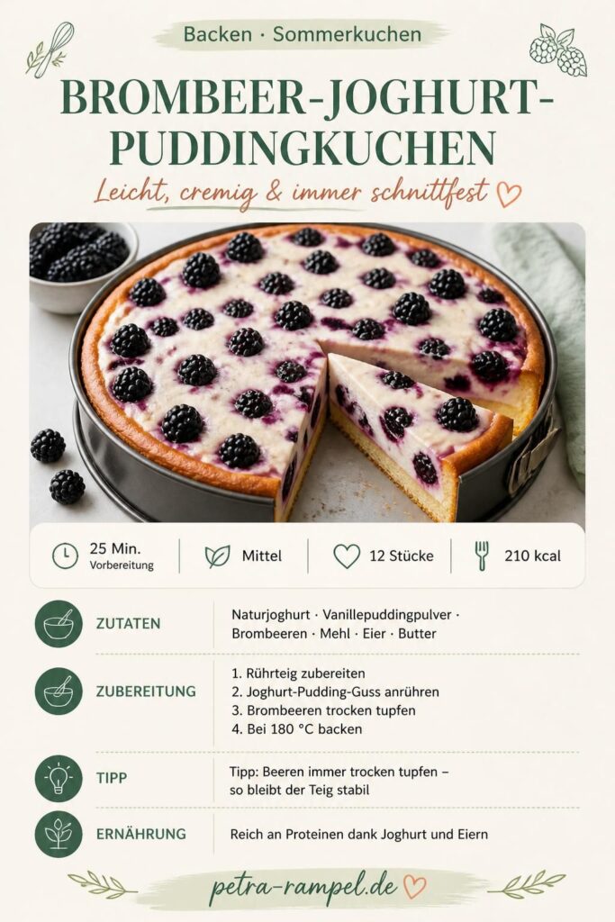 Brombeer-Joghurt-Puddingkuchen aus der Springform – angeschnitten mit cremigem Puddingguss und frischen Brombeeren