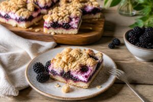 Brombeer-Schmand-Schnitten mit goldbraunen Haferstreuseln auf einem Backblech, frisch aus dem Ofen, saftig und knusprig zugleich