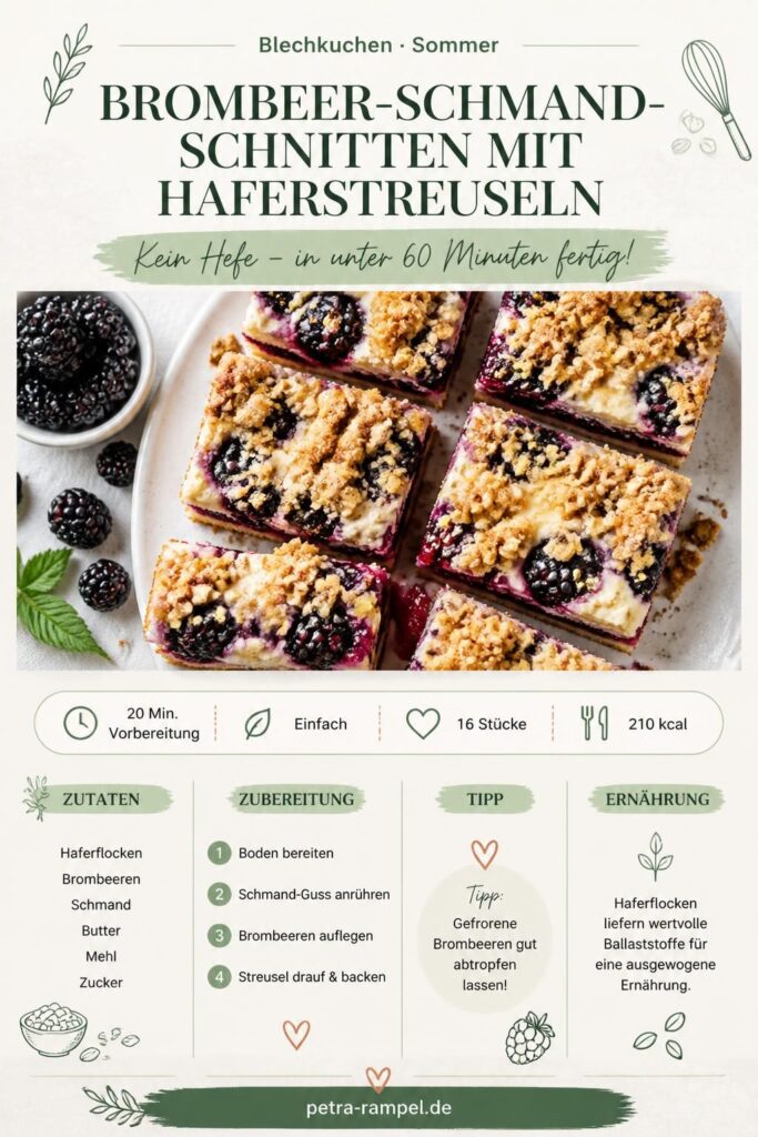 Brombeer-Schmand-Schnitten mit Haferstreuseln auf einem Backblech, saftig und goldbraun