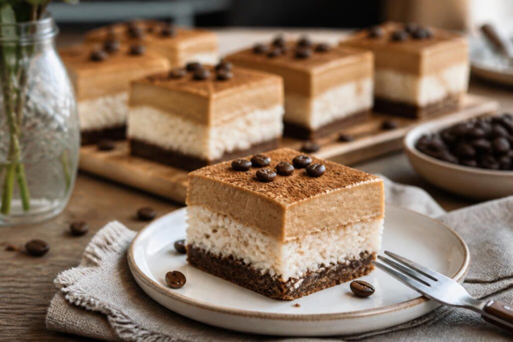 Espresso-Milchreis-Schnitten ohne Backen auf einem Holzbrett, sauber portioniert, mit sichtbarer Kaffeecreme-Schicht und Kakaopulver-Topping