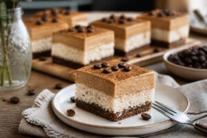 Espresso-Milchreis-Schnitten ohne Backen auf einem Holzbrett, sauber portioniert, mit sichtbarer Kaffeecreme-Schicht und Kakaopulver-Topping