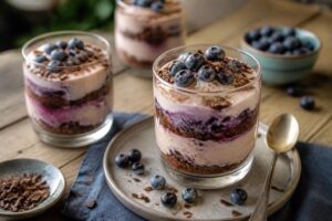 Heidelbeer-Mokka-Quarkcreme im Glas – cremiges Schichtdessert mit frischen Heidelbeeren und Mokkacreme, ohne Backen