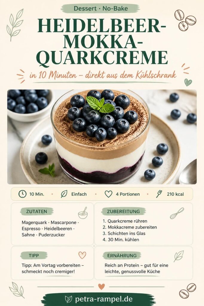 Heidelbeer-Mokka-Quarkcreme ohne Backen im Glas – cremiges Schichtdessert mit frischen Heidelbeeren