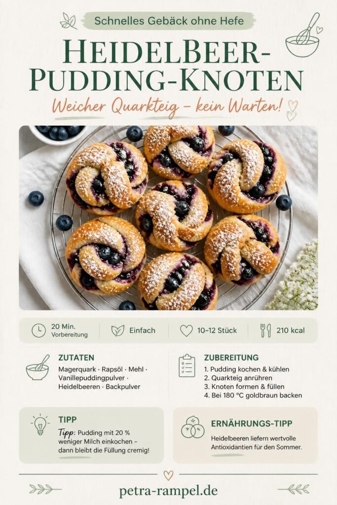 Heidelbeer-Pudding-Knoten ohne Hefe auf Backgitter mit Puderzuckerglasur und frischen Heidelbeeren