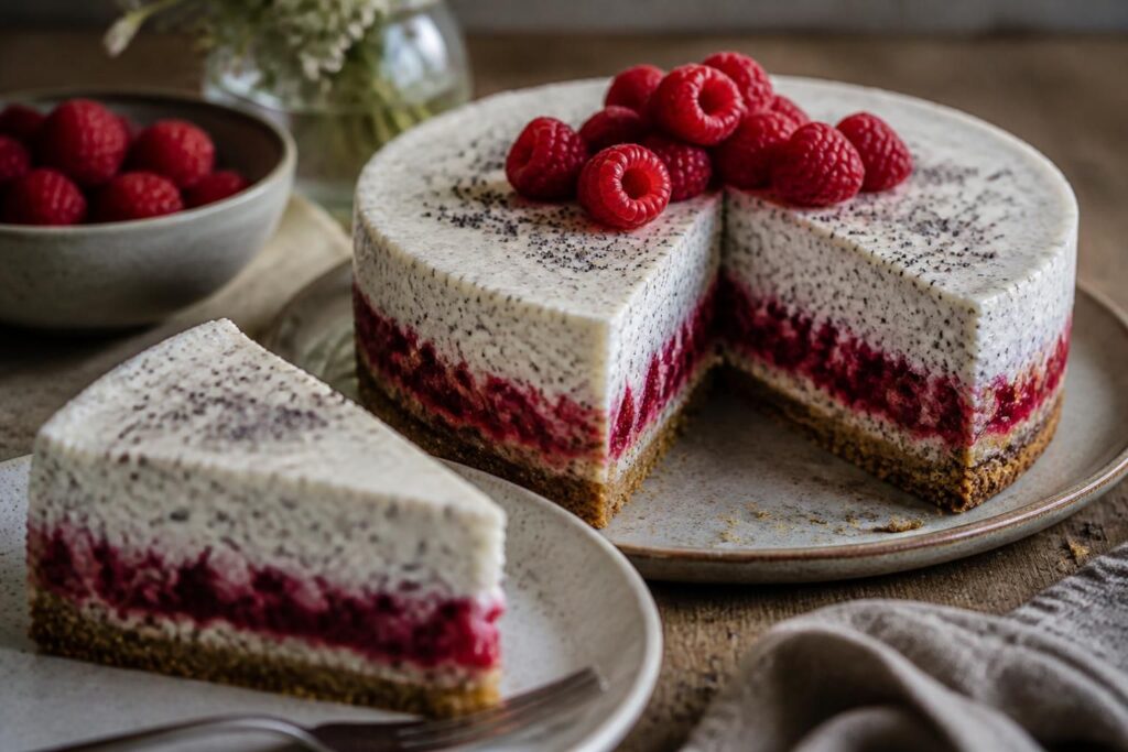 Himbeer-Mohn-Kühlschranktorte ohne Backen angeschnitten auf einem Holzbrett – cremige Joghurtschicht mit frischen Himbeeren auf Keksboden