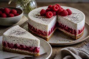 Himbeer-Mohn-Kühlschranktorte ohne Backen angeschnitten auf einem Holzbrett – cremige Joghurtschicht mit frischen Himbeeren auf Keksboden