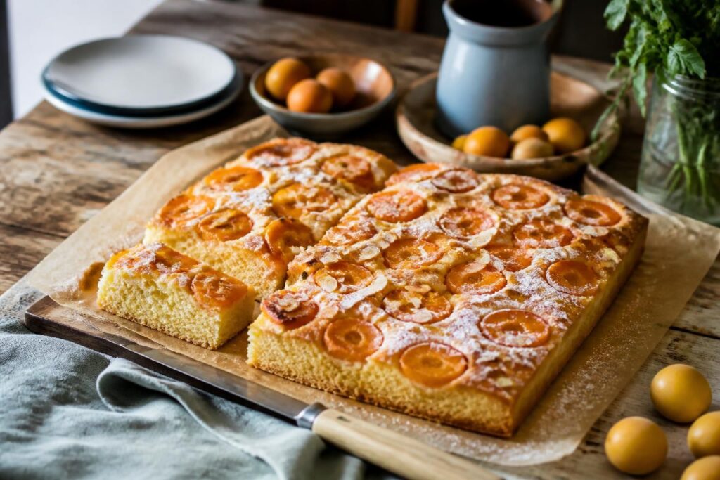 Mirabellen-Marzipan-Kuchen vom Blech mit Joghurtteig, saftig und goldbraun gebacken, auf einem Holztisch mit frischen Mirabellen garniert