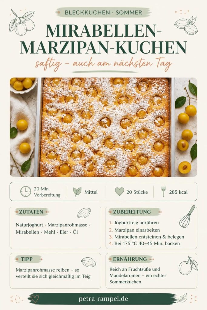 Mirabellen-Marzipan-Kuchen vom Blech mit Joghurtteig, saftig und goldbraun, mit Puderzucker bestäubt