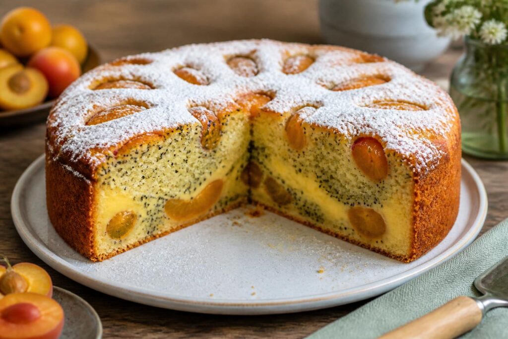 Mirabellen-Mohn-Puddingkuchen in der 26-cm-Springform mit lockerem Joghurtteig, Mohn-Pudding-Füllung und goldgelben Mirabellen, Schnittansicht auf Holzbrett