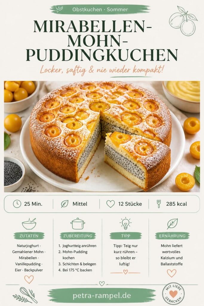 Mirabellen-Mohn-Puddingkuchen aus der Springform mit Joghurtteig – Pinterest-Bild