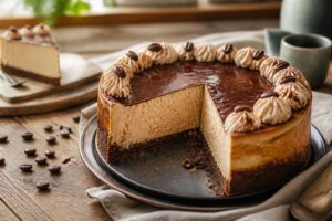 Mokka-Pudding-Käsekuchen ohne Mehl mit cremiger Kaffee-Quark-Füllung, angeschnitten auf einem hellen Holzbrett, garniert mit Kakaopulver und Mokkabohnen