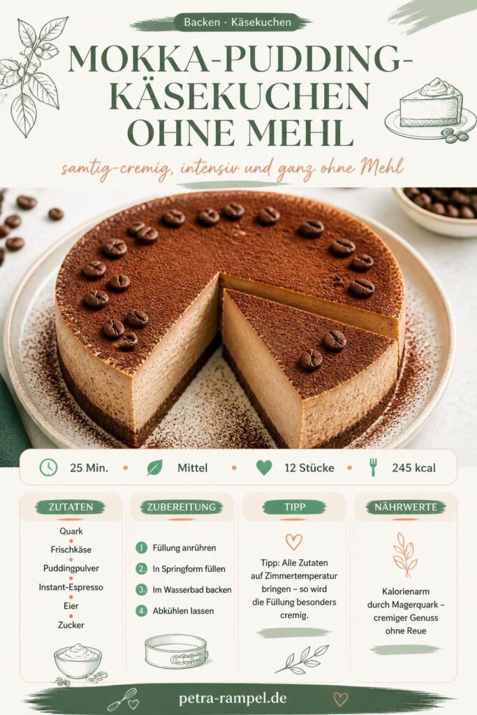 Mokka-Pudding-Käsekuchen ohne Mehl mit cremiger Kaffee-Quark-Füllung – Pinterest Rezeptkarte