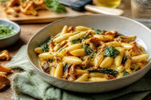 Cremige Pfifferling-Schupfnudelpfanne mit Frischkäse in einer gusseisernen Pfanne, garniert mit frischer Petersilie