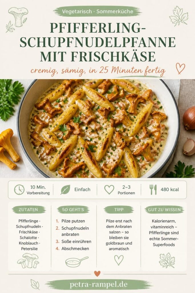 Cremige Pfifferling-Schupfnudelpfanne mit Frischkäse und Petersilie – Pinterest-Rezeptkarte