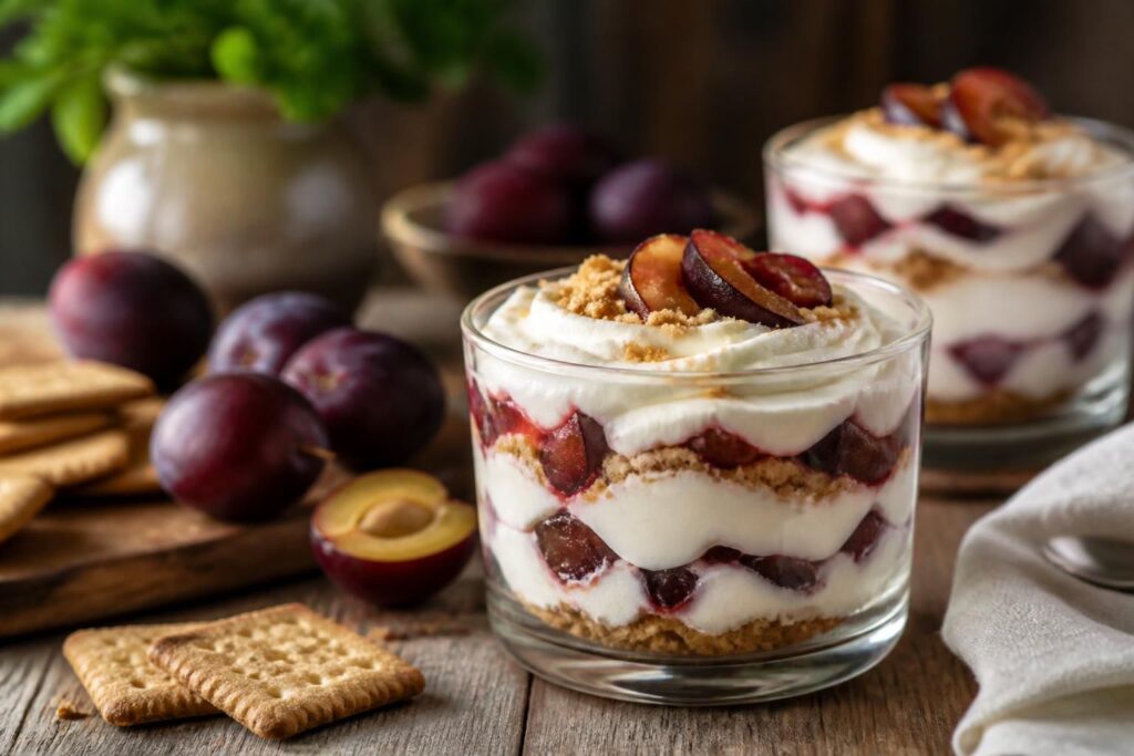 Pflaumen-Butterkeks-Puddingdessert in Gläsern geschichtet – cremige Vanillepuddingcreme, weiche Butterkeksschicht und frische Pflaumenstücke, von oben fotografiert