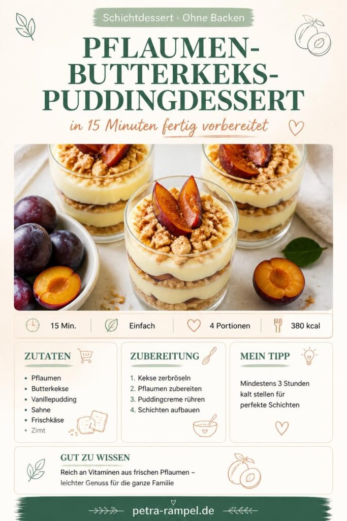 Pflaumen-Butterkeks-Puddingdessert in Gläsern geschichtet – cremige Puddingcreme, Pflaumenschicht und Butterkeksboden, Pinterest-Rezeptkarte