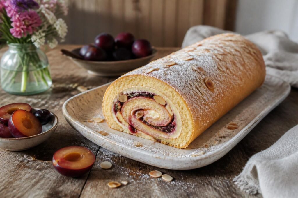 Pflaumen-Mandel-Puddingrolle auf einem Holzbrett angeschnitten, mit sichtbarer cremiger Vanillepuddingfüllung und saftigen Pflaumenstücken