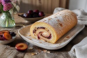 Pflaumen-Mandel-Puddingrolle auf einem Holzbrett angeschnitten, mit sichtbarer cremiger Vanillepuddingfüllung und saftigen Pflaumenstücken