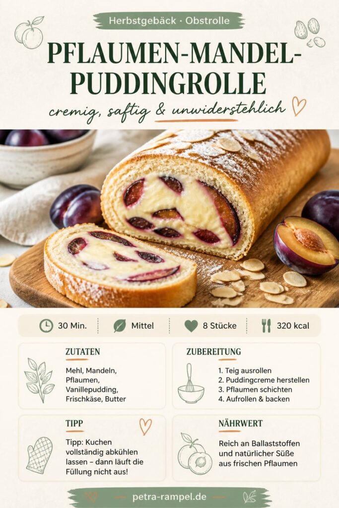 Pflaumen-Mandel-Puddingrolle angeschnitten mit cremiger Vanillepuddingfüllung und saftigen Pflaumen – Pinterest Rezeptkarte
