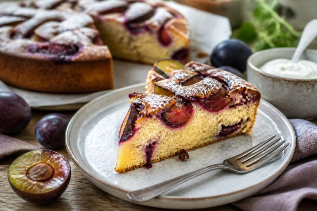 Pflaumen-Mascarpone-Rührkuchen mit Joghurt auf einem Holzbrett, mit frischen Pflaumen belegt und leicht mit Puderzucker bestäubt