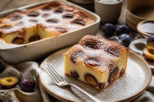 Pflaumen-Quark-Soufflé ohne Mehl in einem weißen Souffléförmchen, goldbraun gebacken, mit frischen Pflaumen garniert, auf einem Holztisch