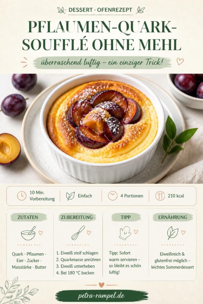 Pflaumen-Quark-Soufflé ohne Mehl auf einem Holztisch, goldbraun gebacken in weißen Souffléförmchen