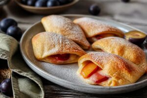Goldbraune Renekloden-Vanille-Puddingtaschen auf einem hellen Backblech, gefüllt mit cremigem Vanillepudding und saftigen Reneklodenstücken