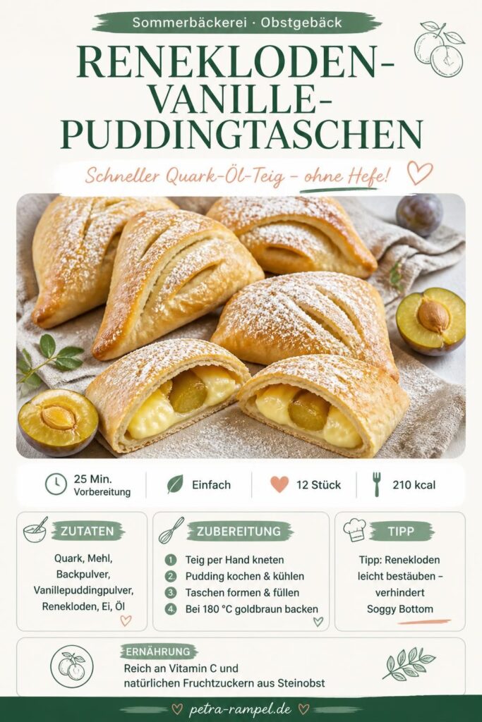 Goldbraune Renekloden-Vanille-Puddingtaschen auf einem Backblech, bestäubt mit Puderzucker