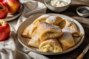 Sommerapfel-Mohn-Quarktaschen ohne Hefe auf einem Backblech mit Backpapier, goldbraun gebacken, mit Puderzucker bestäubt
