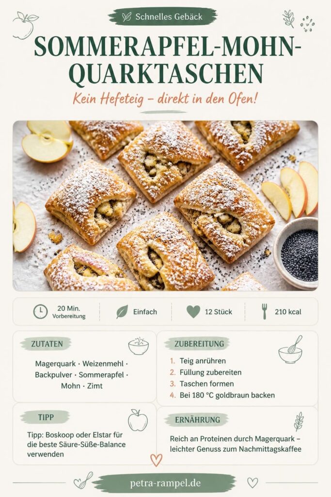 Sommerapfel-Mohn-Quarktaschen ohne Hefe auf Backpapier, goldbraun mit Puderzucker