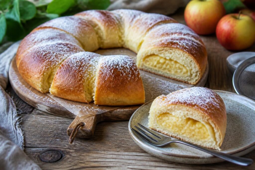 Sommerapfel-Pudding-Kranzkuchen mit Quarkteig auf einem Kuchengitter, bestreut mit Puderzucker, saftiger Apfelfüllung sichtbar im Anschnitt