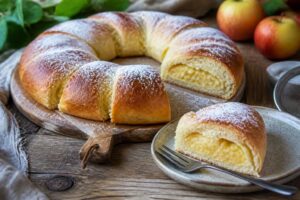 Sommerapfel-Pudding-Kranzkuchen mit Quarkteig auf einem Kuchengitter, bestreut mit Puderzucker, saftiger Apfelfüllung sichtbar im Anschnitt