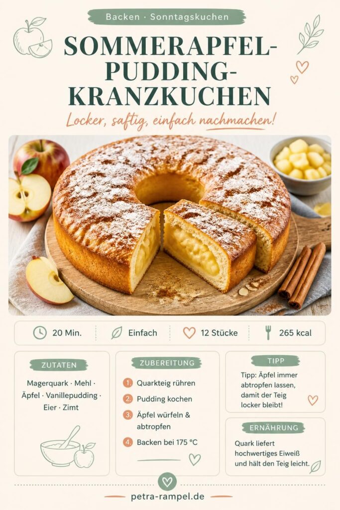 Sommerapfel-Pudding-Kranzkuchen mit Quarkteig auf Kuchengitter, Anschnitt mit saftiger Apfelfüllung sichtbar