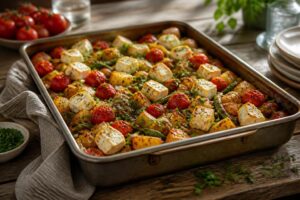 Tomaten-Bohnen-Kartoffel-Blech mit Feta frisch aus dem Ofen, goldbraun geröstet mit Kirschtomaten und zerbröckeltem Feta auf einem Backblech