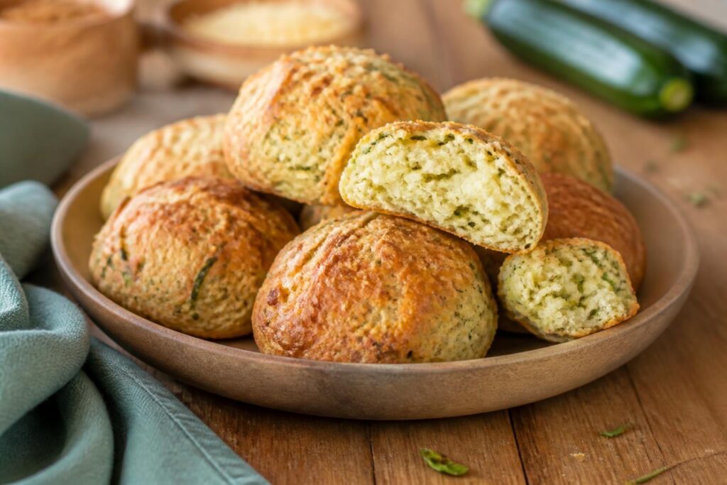 Frisch gebackene Zucchini-Parmesan-Käsebrötchen ohne Hefe auf einem Holzbrett, goldbraune Kruste, aufgeschnitten mit sichtbarem Käsefaden