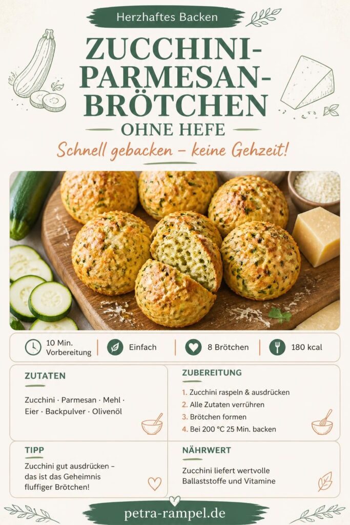 Zucchini-Parmesan-Käsebrötchen ohne Hefe auf einem Holzbrett, goldbraune Kruste, Pinterest-Bild