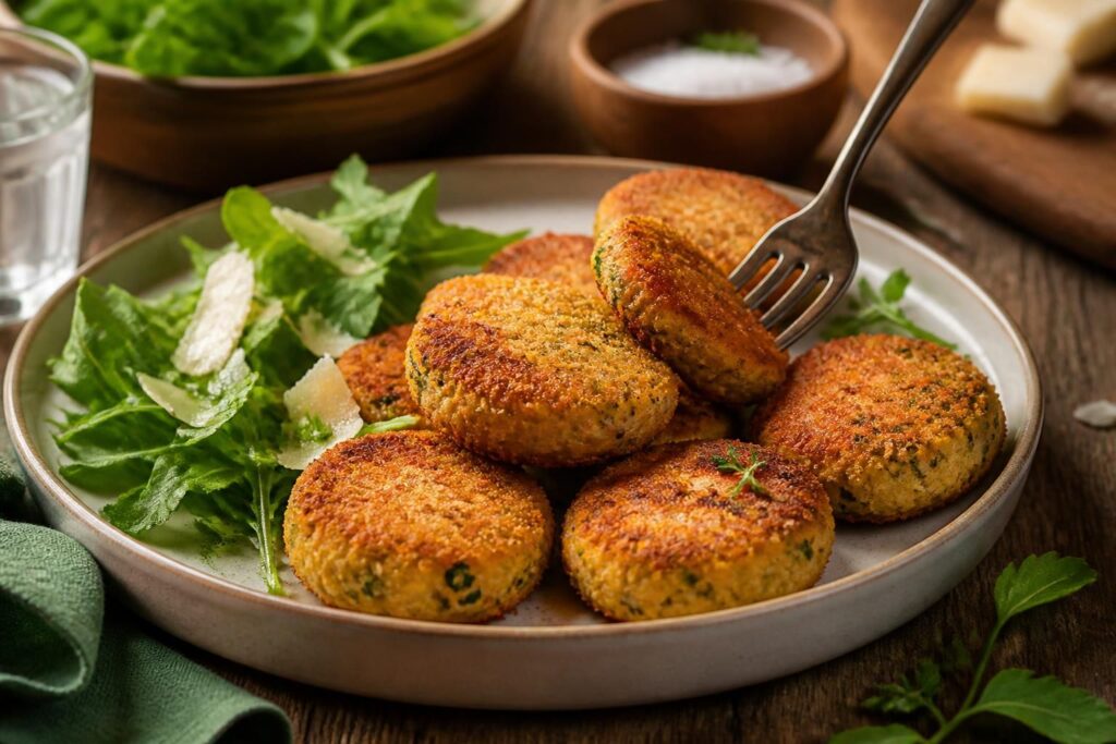 Goldbraune Zucchini-Ricotta-Kroketten ohne Mehl auf einem Holzbrett, mit frischen Kräutern und einem Joghurt-Dip daneben