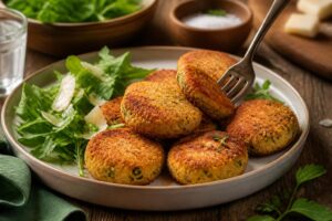Goldbraune Zucchini-Ricotta-Kroketten ohne Mehl auf einem Holzbrett, mit frischen Kräutern und einem Joghurt-Dip daneben