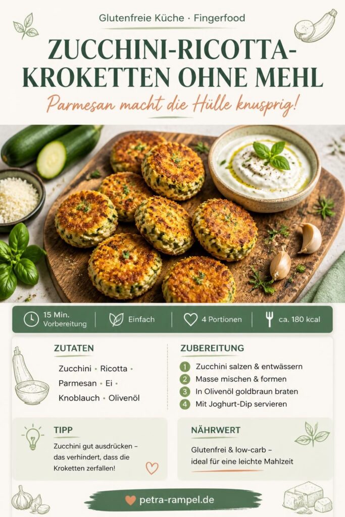 Zucchini-Ricotta-Kroketten ohne Mehl auf einem Holzbrett mit Joghurt-Dip und frischen Kräutern